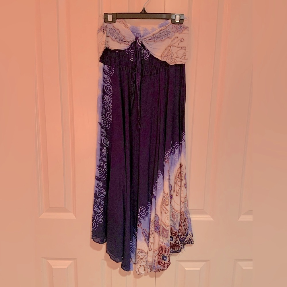 Navy full length elephant-print Thai skirt with elastic waist